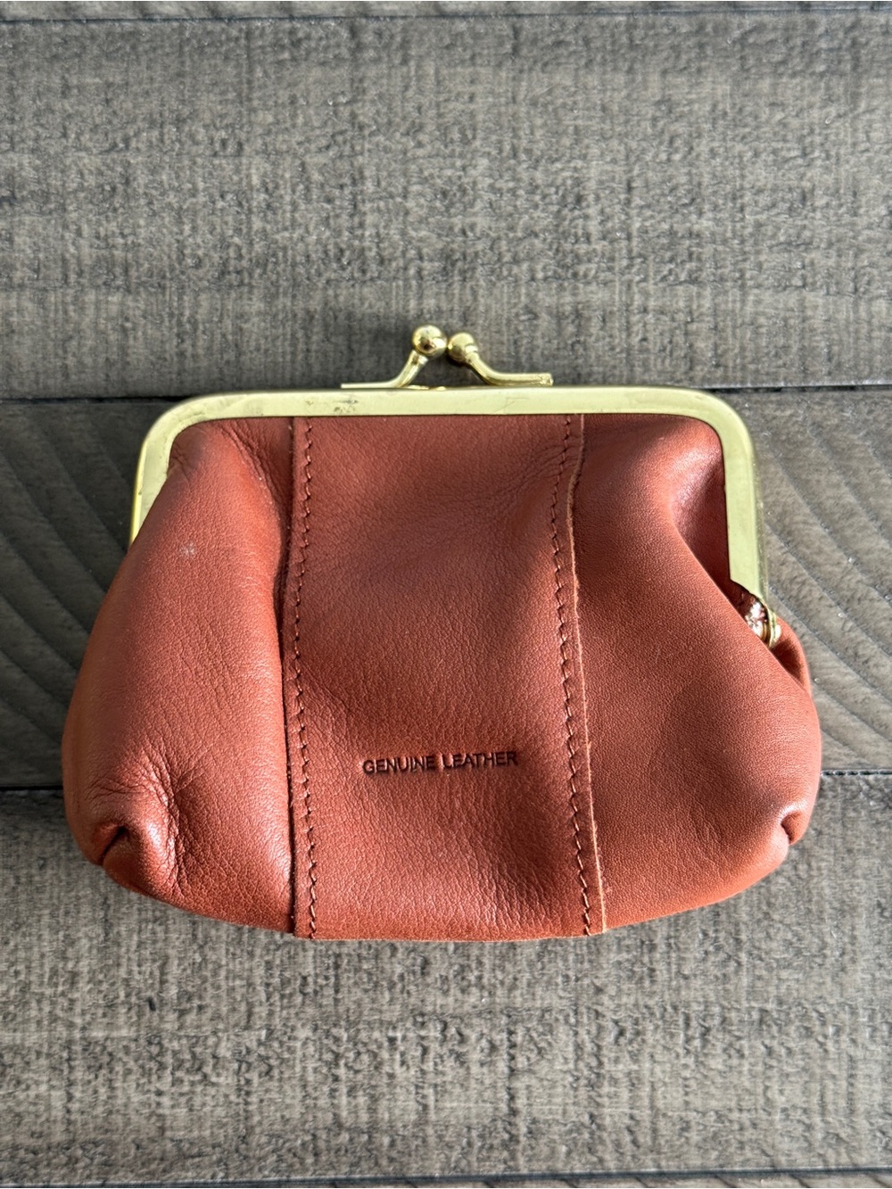 Genuine Leather Small Kiss-Lock Coin Purse - Tan Brown Color